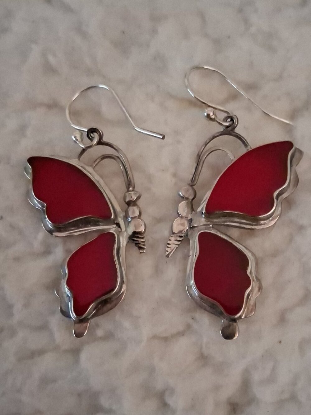 Rare Gorgeous Red Coral & 925 Sterling Silver ~ Half Butterfly Dangle Earrings